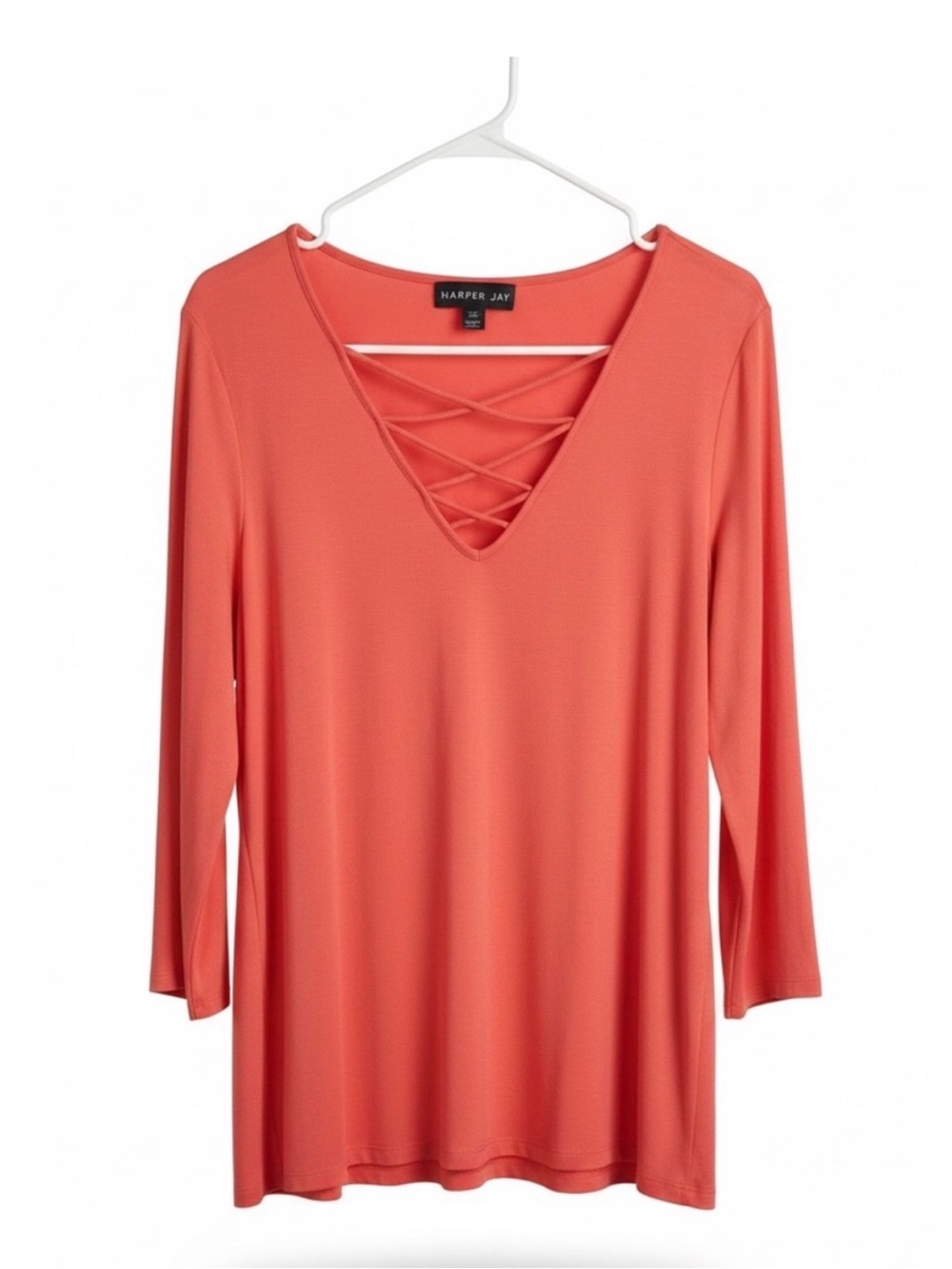 Harper 241 Coral 3/4 Sleeve Lattice Detail Top Size 2X